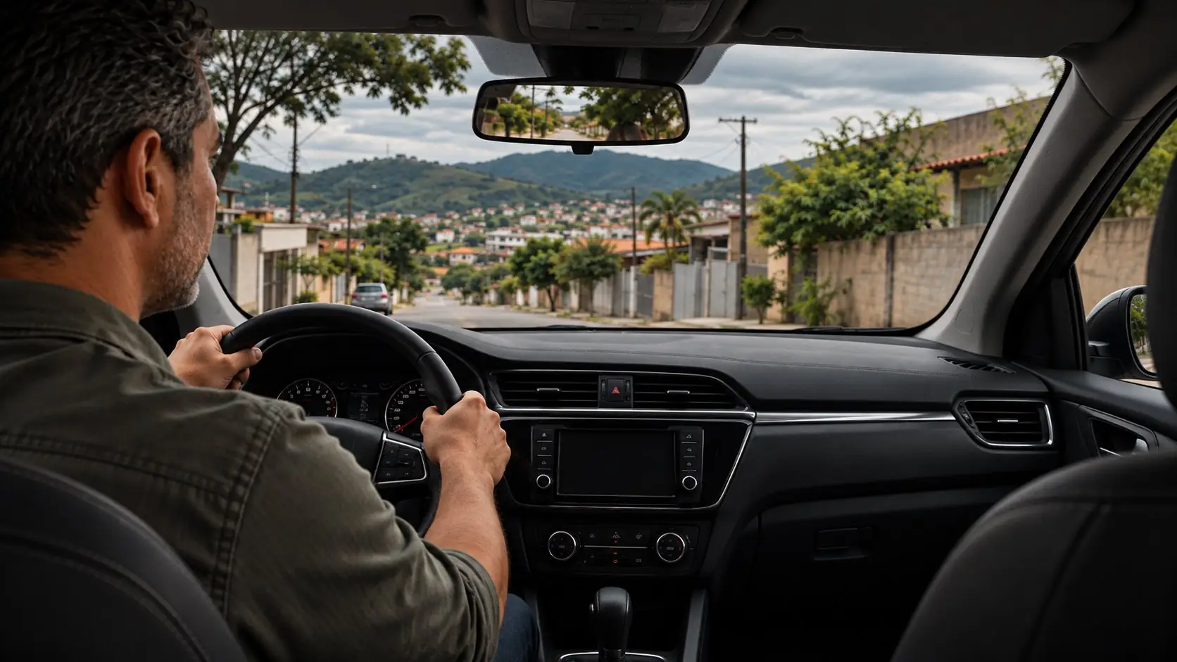 Motorista ao volante de um carro preto